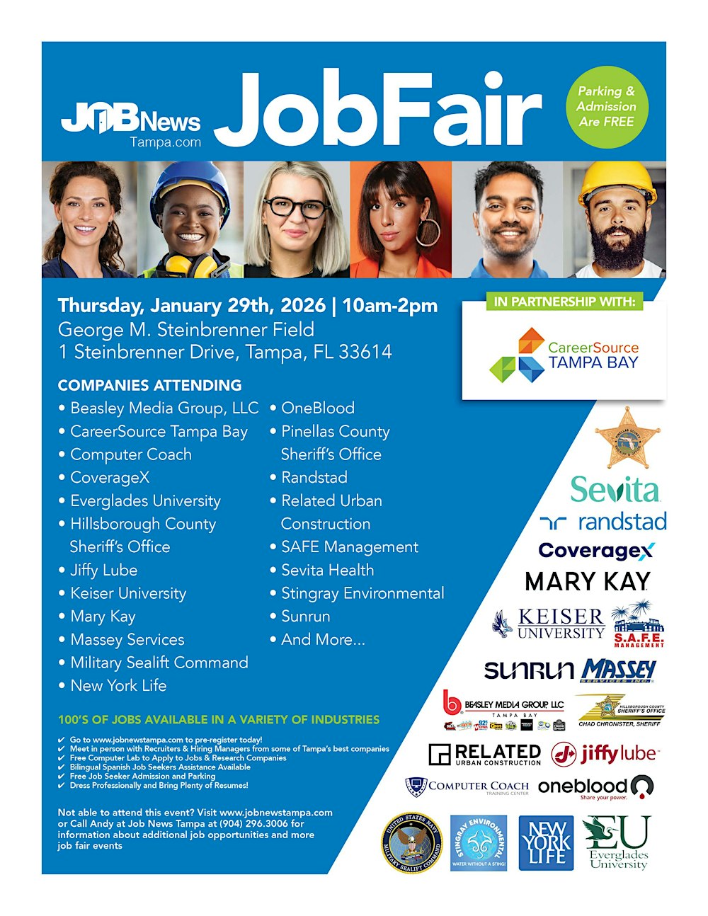 ** TAMPA JOB FAIR - Local Companies Hiring  for 100's of JOBS  January 29th