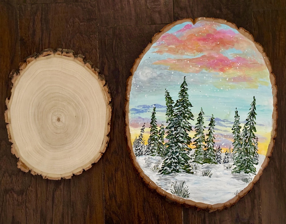 Sunrise Solstice live edge wood painting at Milly's Community Cafe
