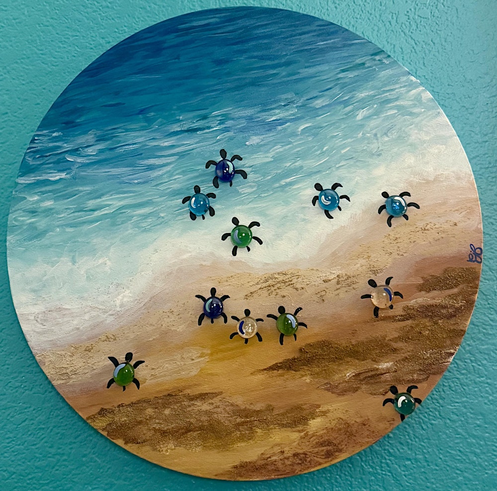 Sea Turtles mixed media round canvas painting at Holidaily Brewing Co.
