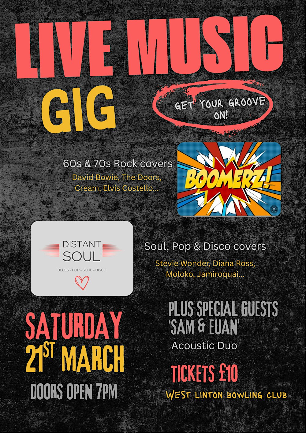 Live Music Gig - 3 cover bands playing rock, blues, soul & disco