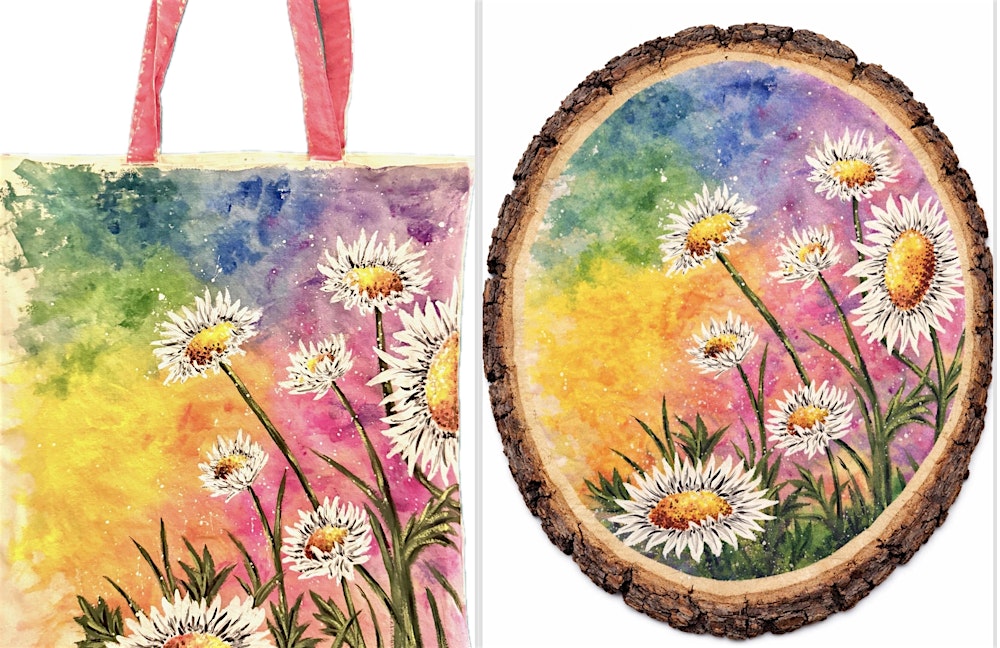 Vibrant Daises Tote Bag OR Live Edge Wood Round Painting at Milly's Cafe