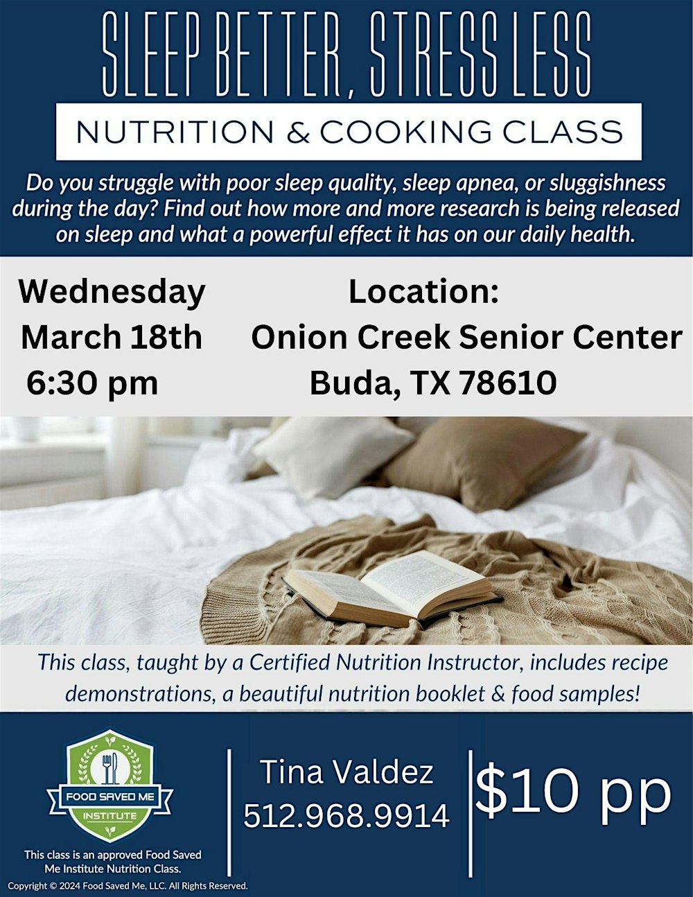 Sleep Better, Stress Less Nutrition & Cooking Evening Class